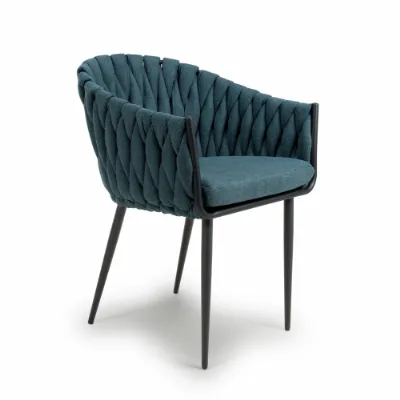 Braided Blue Fabric Dining Chair with Black Tapered Legs