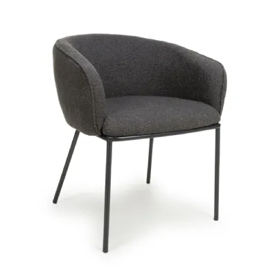 Grey Curved Tub Boucle Fabric Dining Chair Black Metal Legs