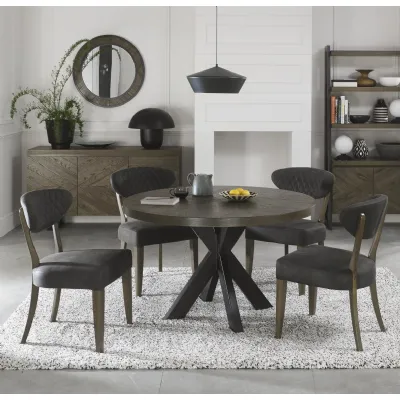 Dark Oak Round Dining Set Table 4 Dark Grey Fabric Chairs