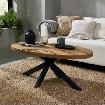 Rustic Oak Oval Coffee Table with Black Metal Crossed Legs