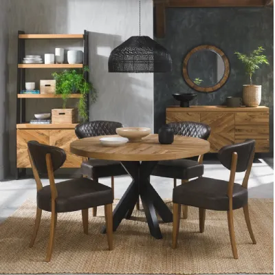 Rustic Oak Small Round Dining Table Set 4 Leather Chairs