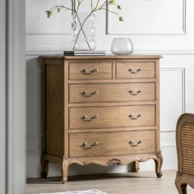 French Style Weathered Ash Wood Chest of 5 Drawers