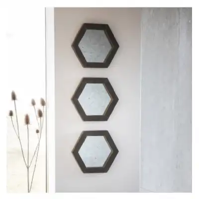 Set Of Three Modern Style Garfield Concrete Resin Hexagonal Wall Mirrors 30.5 x 35.5cm