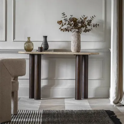 Stone Top Console Table Dark Wood Turned Chunky Legs