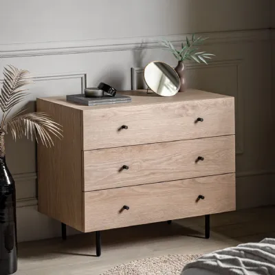 Natural Oak Chest of 3 Drawers Black Metal Legs