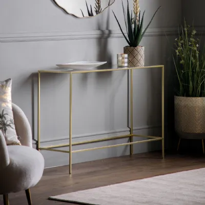 Champagne Gold Metal Framed Clear Glass Top Console Table
