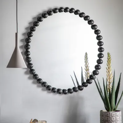 Beaded Frame Round Black Wall Mirror