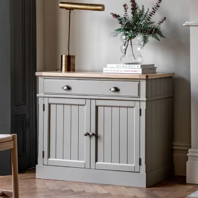 Grooved Planked Oak Top Grey Painted Wooden 2 Door Sideboard