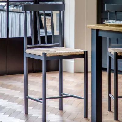 Farmhouse Grey Wood Bar Stool with Woven Rope Seat