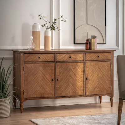 Traditional Light Brown Wood Wide Sideboard 3 Door 3 Drawers