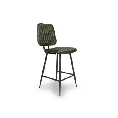 Green Quilted Leather Bar Stool with Black Metal Legs
