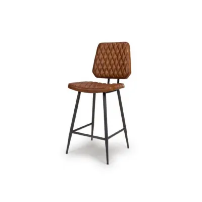 Tan Brown Quilted Leather Bar Stool with Black Metal Legs