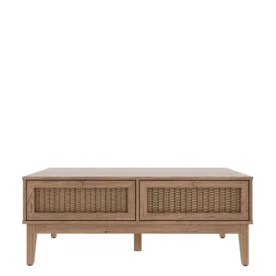 Oak Wooden 2 Drawer Coffee Table with Rattan Fronts