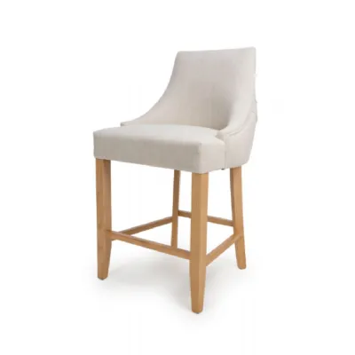 Linen Fabric Buttoned Counter Chair Oak Wood Legs