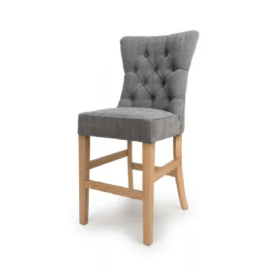 Grey Fabric Buttoned Bar Stool Oak Legs with Foot Rest