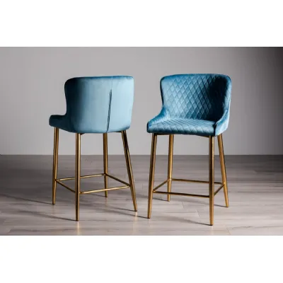 Blue Velvet Fabric Diamond Stitched Bar Stool Gold Metal Legs