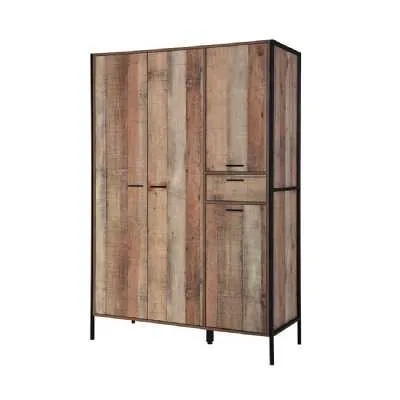 Distressed Oak Wood Effect 4 Door Tall Wardrobe Industrial Chic 180cm Tall x 124cm Wide