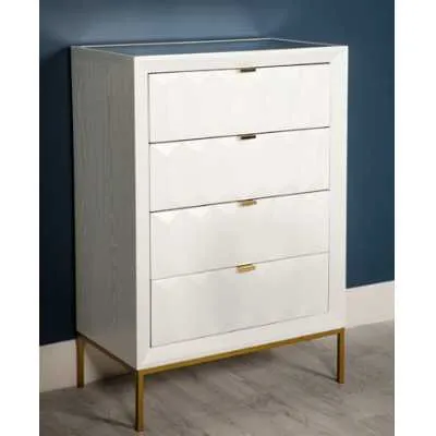 White Gloss Mirrored Glass Dresser Chest of 4 Drawers with Gold Effect Metal Handles