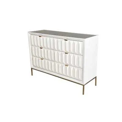 Geometric Vintage Style White Gloss Chest of 6 Drawers with Glass Top