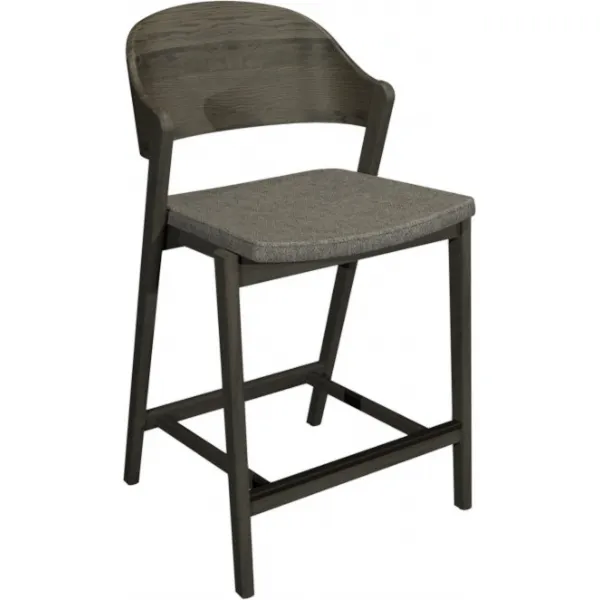 Grey Oiled Oak Carved Back Bar Stool Grey Fabric Padded Seat