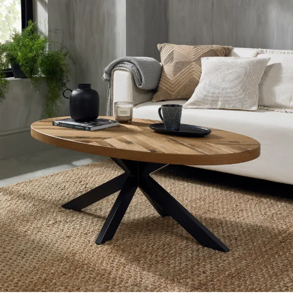 Rustic Oak Oval Coffee Table with Black Metal Crossed Legs