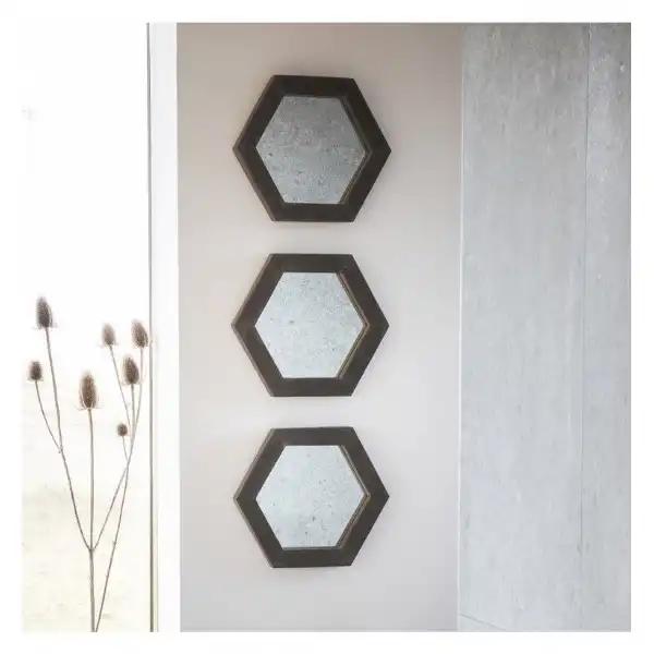 Set Of Three Modern Style Garfield Concrete Resin Hexagonal Wall Mirrors 30.5 x 35.5cm