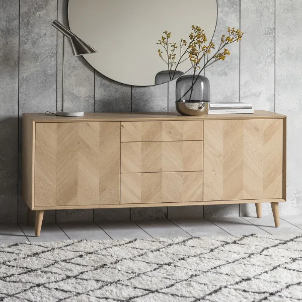 Parquet Oak Inlay Chevron 2 Doors 3 Drawers Wide Sideboard