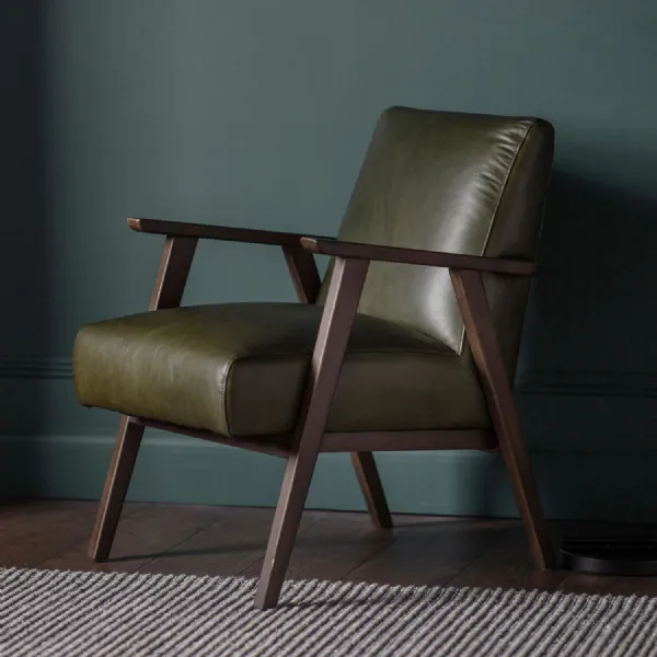 Vintage Green Leather Armchair Dark Wooden Arms and Frame