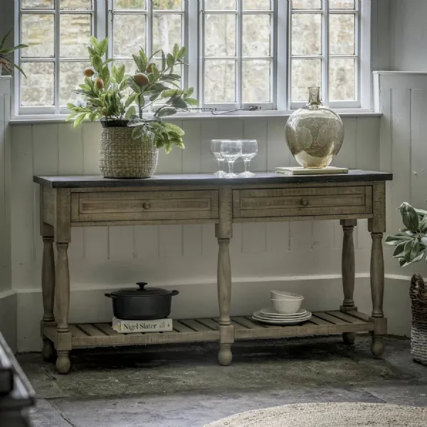 Rustic Natural Wood 2 Drawers Marble Top Console Table