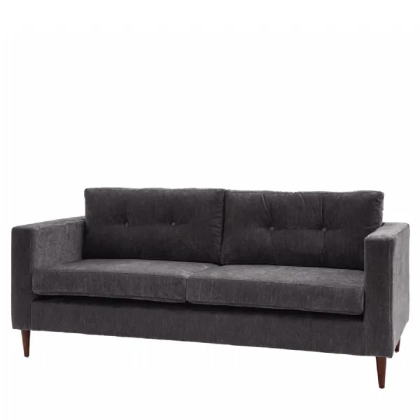 Charcoal Fabric Buttoned 3 Seater Sofa Wooden Legs