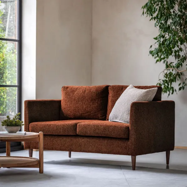 Rust Fabric 2 Seater Sofa with Turned Wood Legs