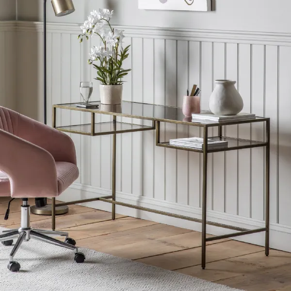 Bronze Metal Framed and Clear Glass Home Office Desk