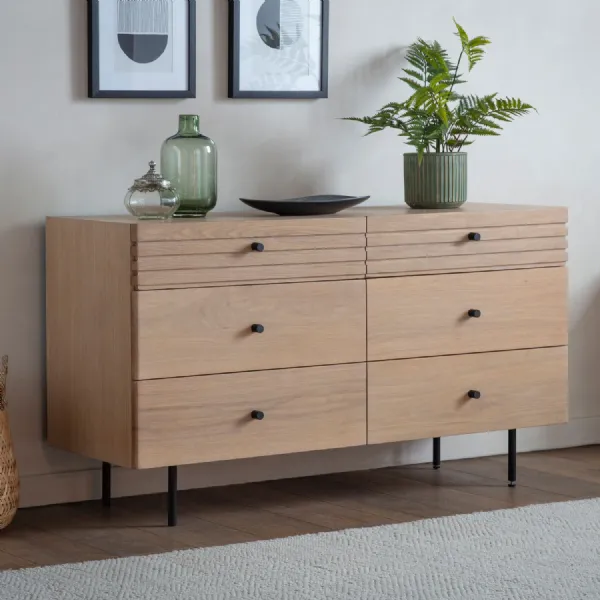 Japandi Grooved Oak Chest of 6 Drawers Black Metal Legs