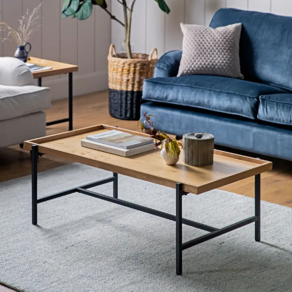 Oak Wood Tray Top Rectangular Coffee Table Black Metal Base