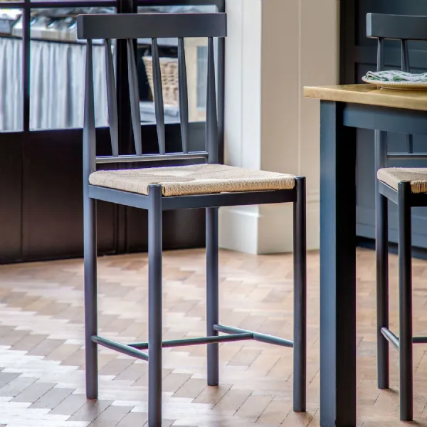 Farmhouse Grey Wood Bar Stool with Woven Rope Seat