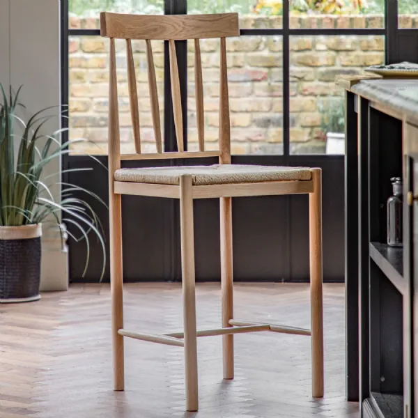 Light Oak Farmhouse Bar Stool with Hand Woven Rope Seat