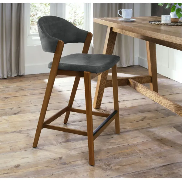 Camden Rustic Oak Upholstered Bar Stool in a Dark Grey Fabric (Single)