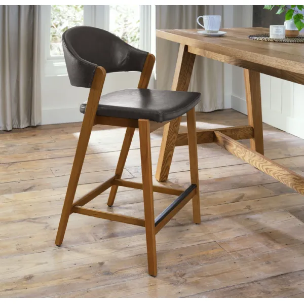 Camden Rustic Oak Upholstered Bar Stool in an Old West Vintage Fabric Single