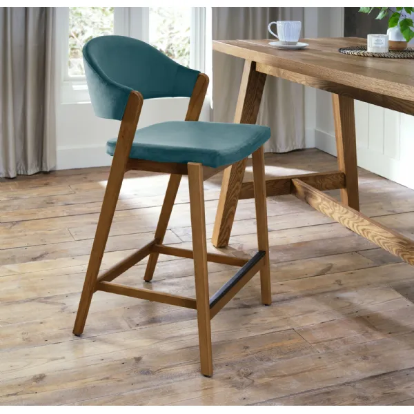 Camden Rustic Oak Upholstered Bar Stool in an Azure Velvet Fabric (Single)