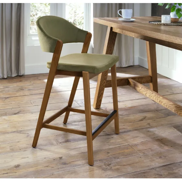 Camden Rustic Oak Upholstered Bar Stool in an Cedar Velvet Fabric (Single)