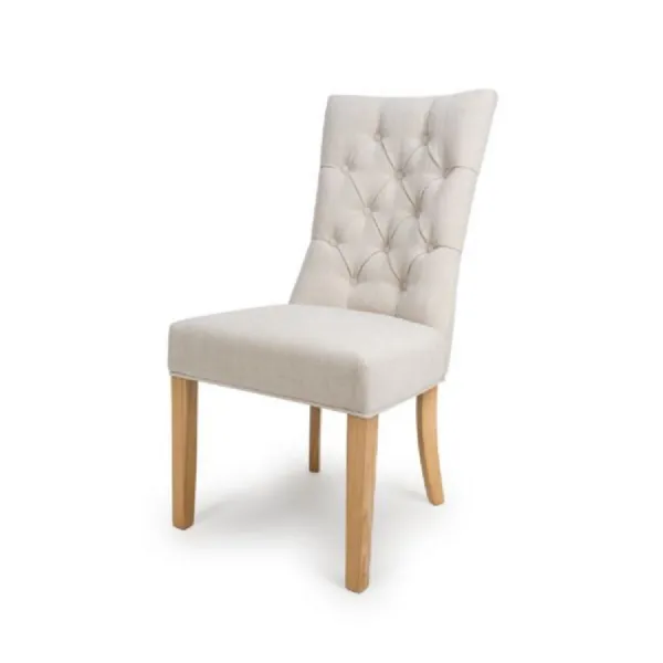 Linen Fabric Buttoned Dining Chair with Oak Wood Legs