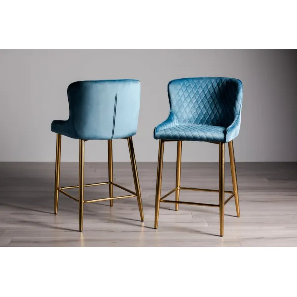 Blue Velvet Fabric Diamond Stitched Bar Stool Gold Metal Legs