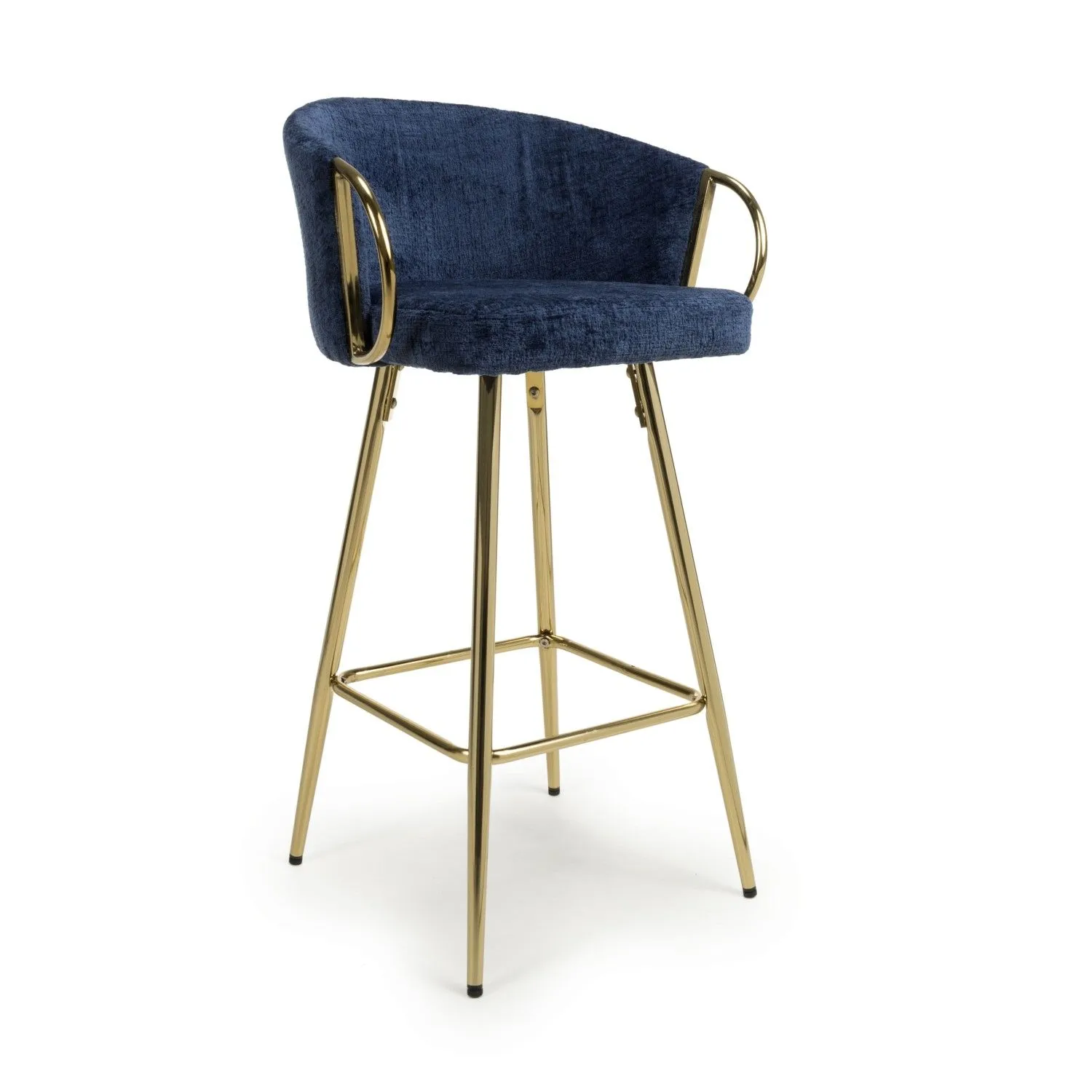 Blue Linen Fabric Curved Bar Stool Gold Metal Legs