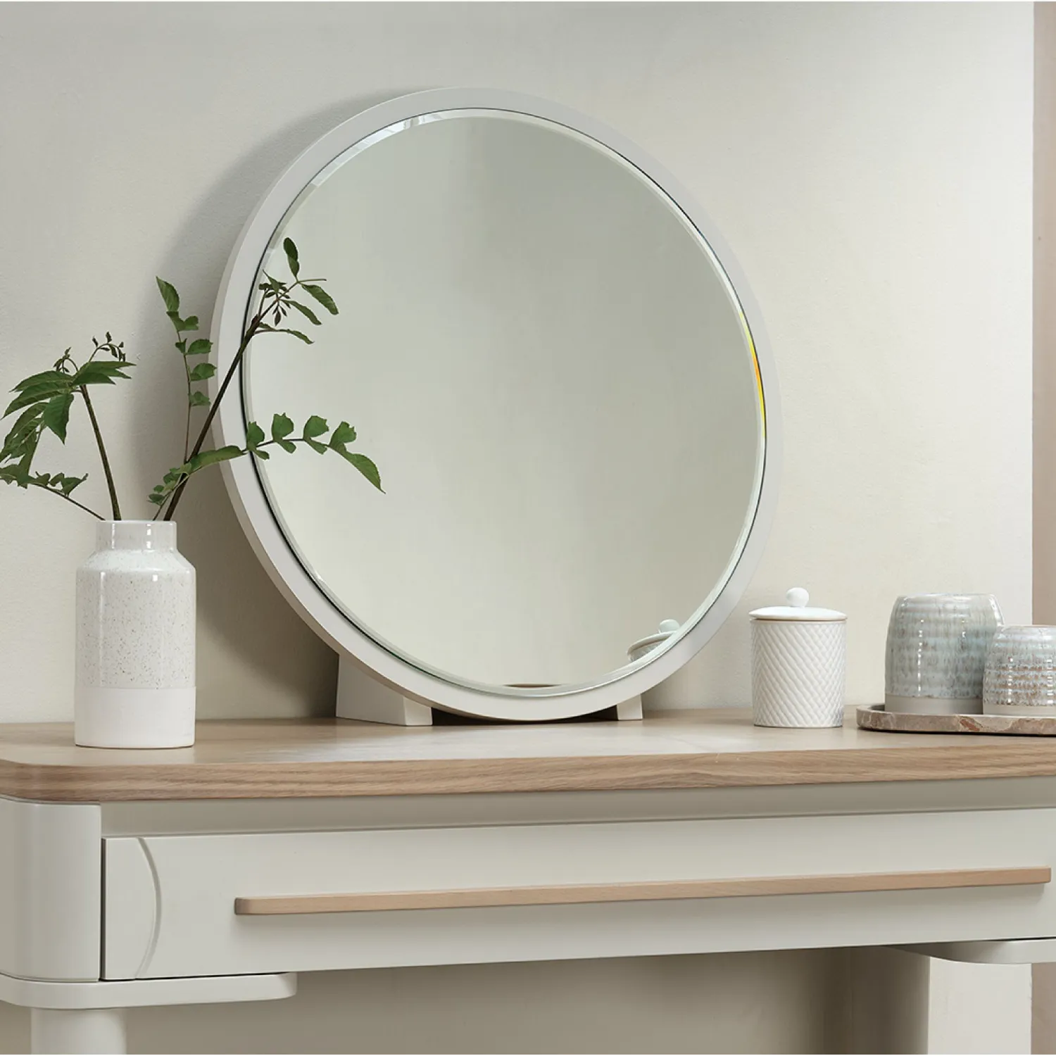 Light Grey Wooden Round Vanity Dressing Table Mirror