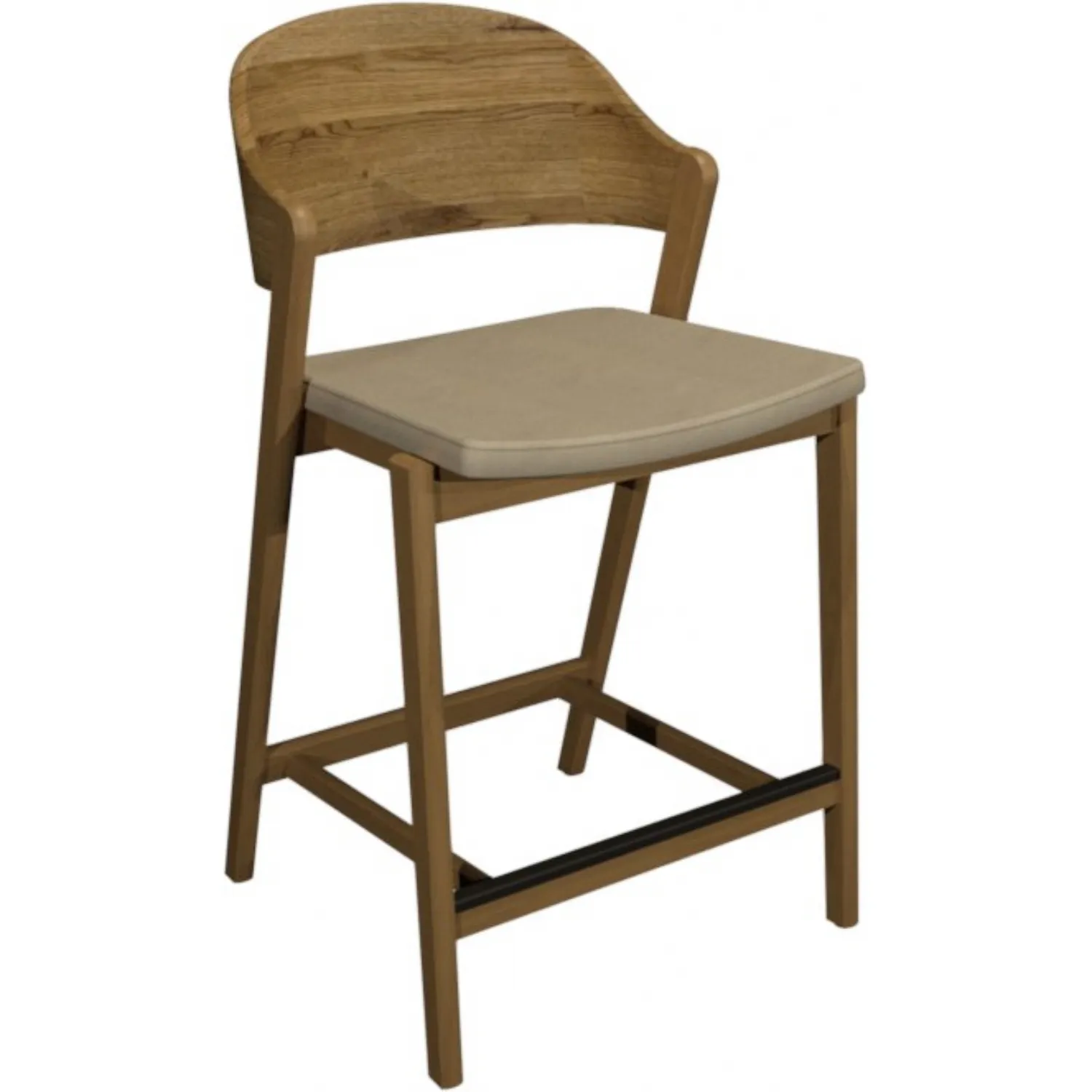 Rustic Oak Carved Back Bar Stool Ivory Bonded Leather Seat