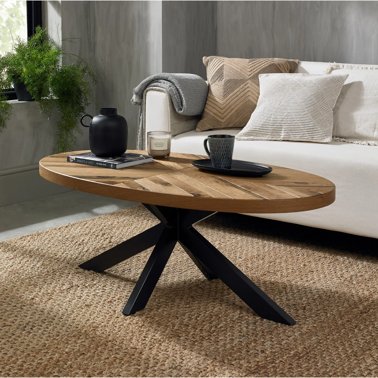 Rustic Oak Oval Coffee Table with Black Metal Crossed Legs