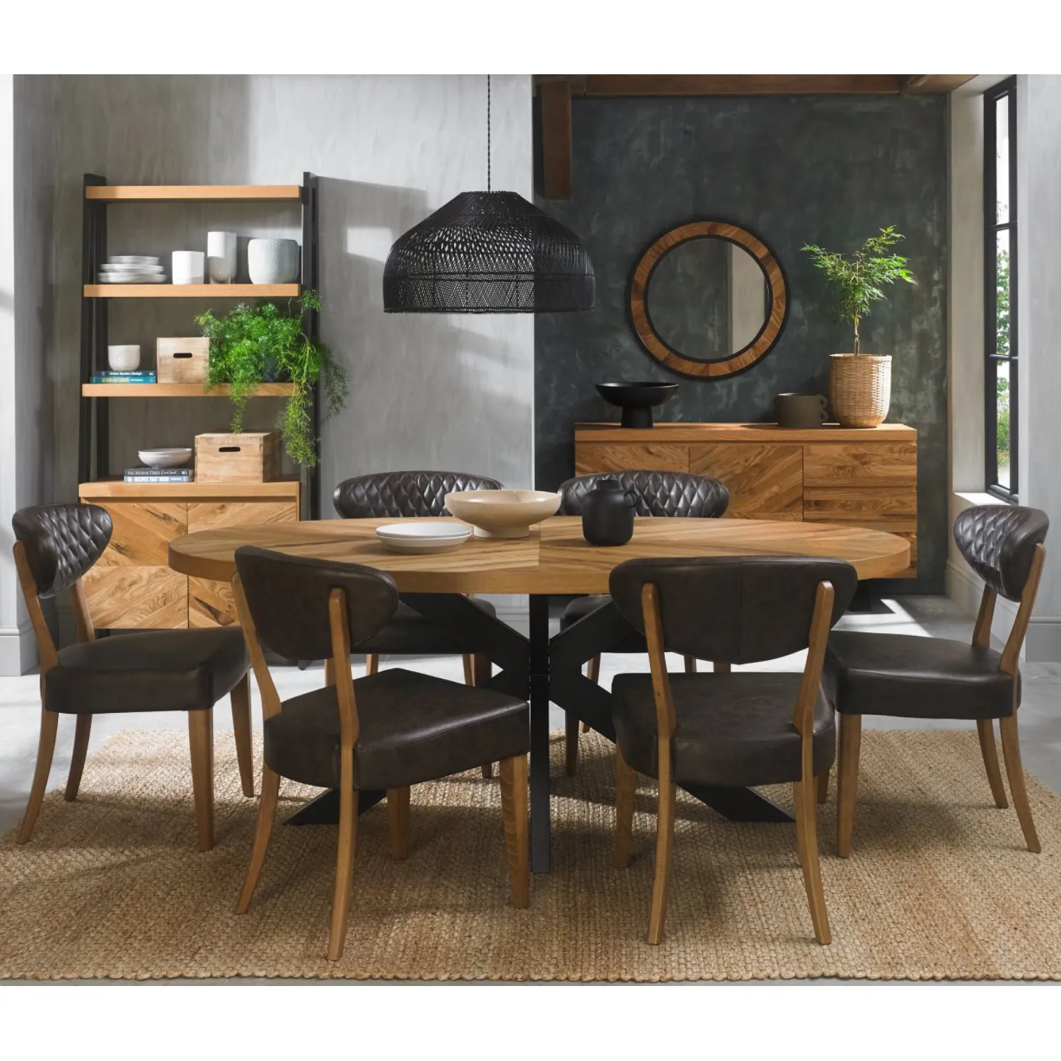 Rustic Oak Oval Dining Table x 6 Grey Leather Chair Set