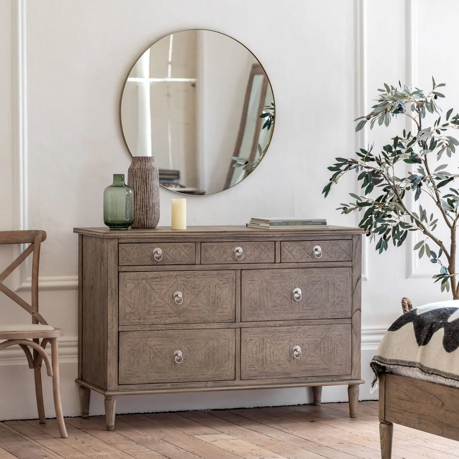 French Parquet Style Natural Wood Chest of 7 Drawers