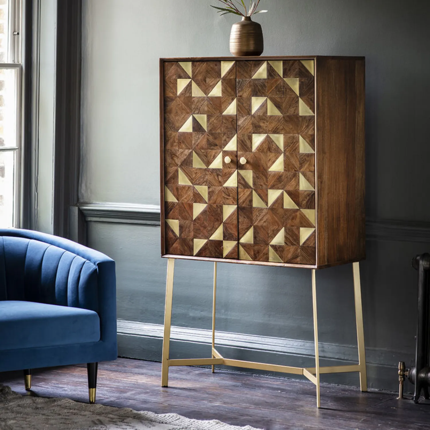 Dark Wood Gold Geometric Drinks Cabinet Brushed Brass Legs