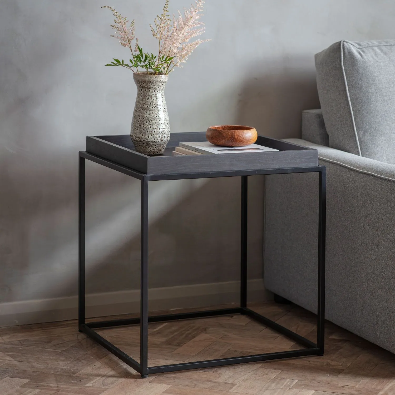 Grey Wooden Tray Top Side Table Black Metal Legs